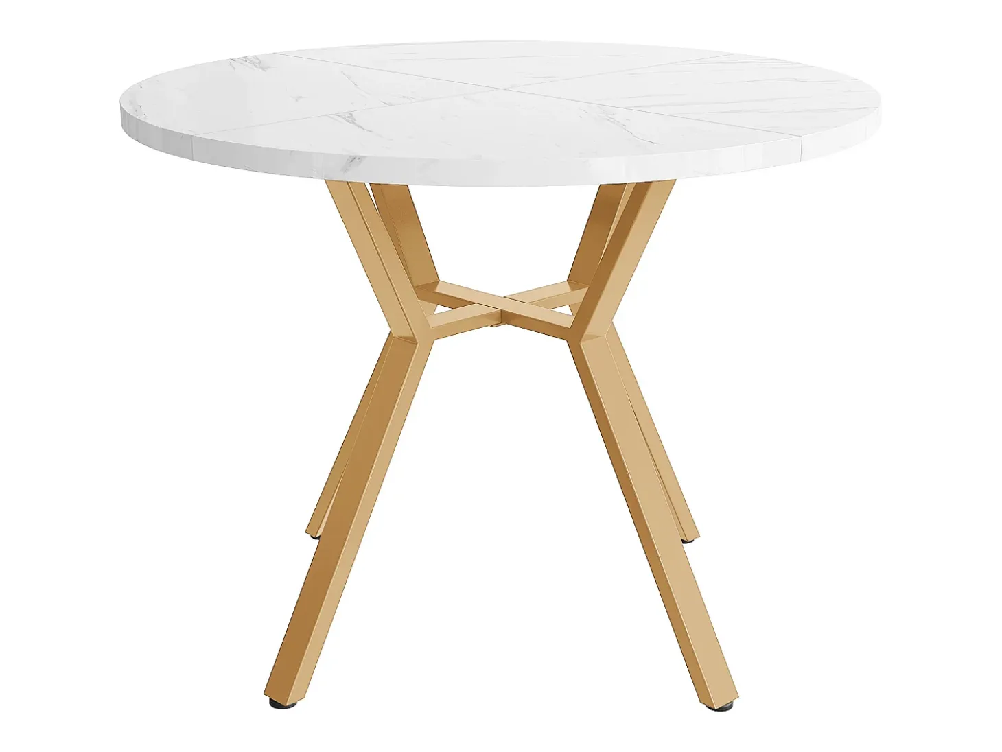 Mesa de comedor redonda con tablero de MDF efecto mármol y patas de metal dorado - para comedor y salón