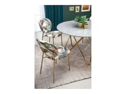 Mesa de comedor redonda con tablero de aspecto mármol y estructura de acero dorado Break