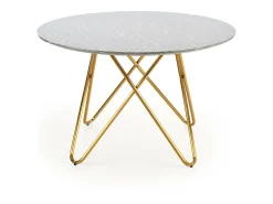Mesa de comedor redonda con tablero de aspecto mármol y estructura de acero dorado Break