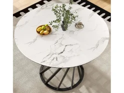 Mesa de comedor redonda con tablero chapado en mármol blanco y patas en espiral de metal negro - 80x80x76cm