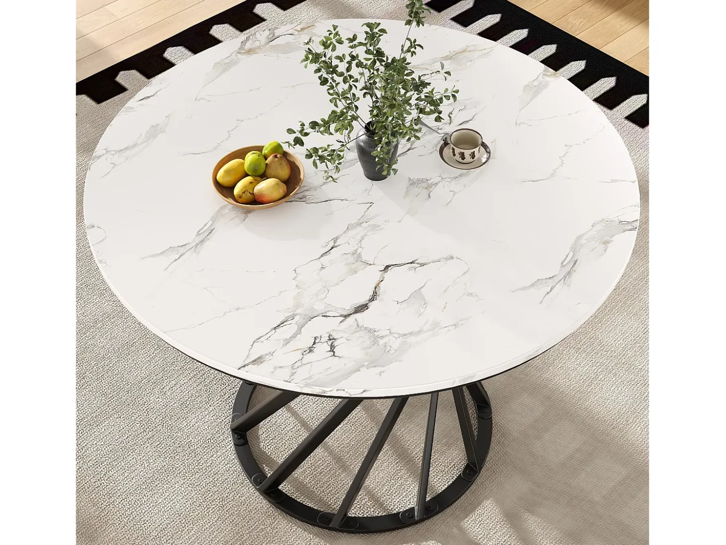 Mesa de comedor redonda con tablero chapado en mármol blanco y patas en espiral de metal negro - 80x80x76cm