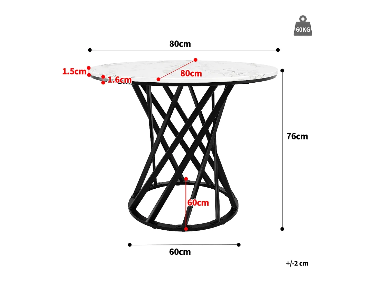 Mesa de comedor redonda con tablero chapado en mármol blanco y patas en espiral de metal negro - 80x80x76cm