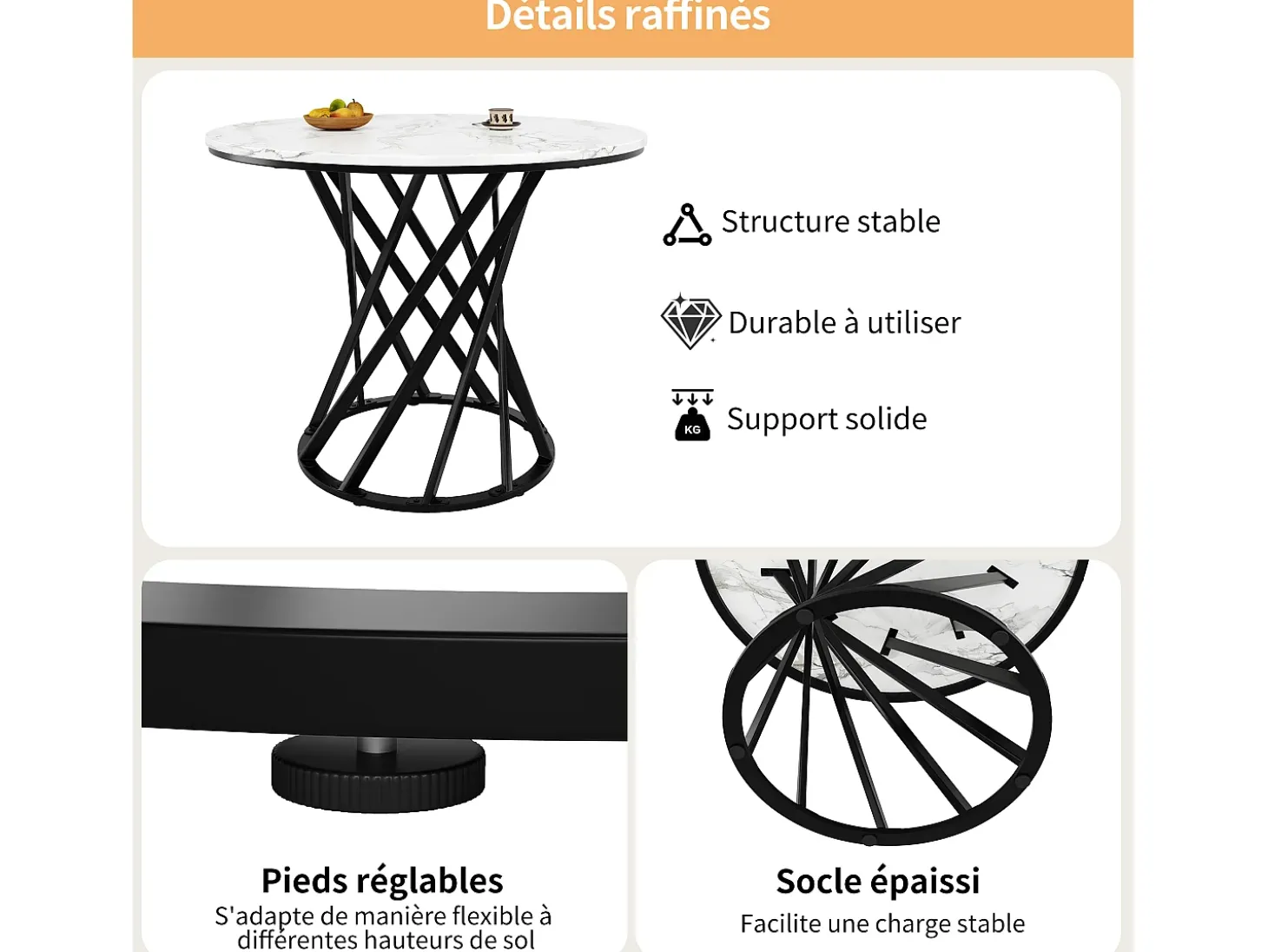 Mesa de comedor redonda con tablero chapado en mármol blanco y patas en espiral de metal negro - 80x80x76cm
