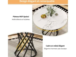 Mesa de comedor redonda con tablero chapado en mármol blanco y patas en espiral de metal negro - 80x80x76cm