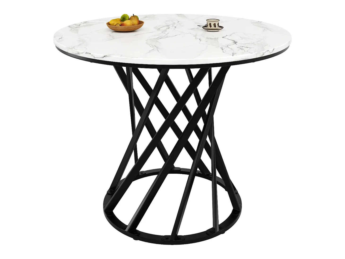 Mesa de comedor redonda con tablero chapado en mármol blanco y patas en espiral de metal negro - 80x80x76cm