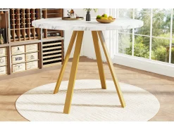 Mesa de comedor redonda, diseño elegante, MDF y metal, patas marmoladas blancas y doradas (80x80x75cm)