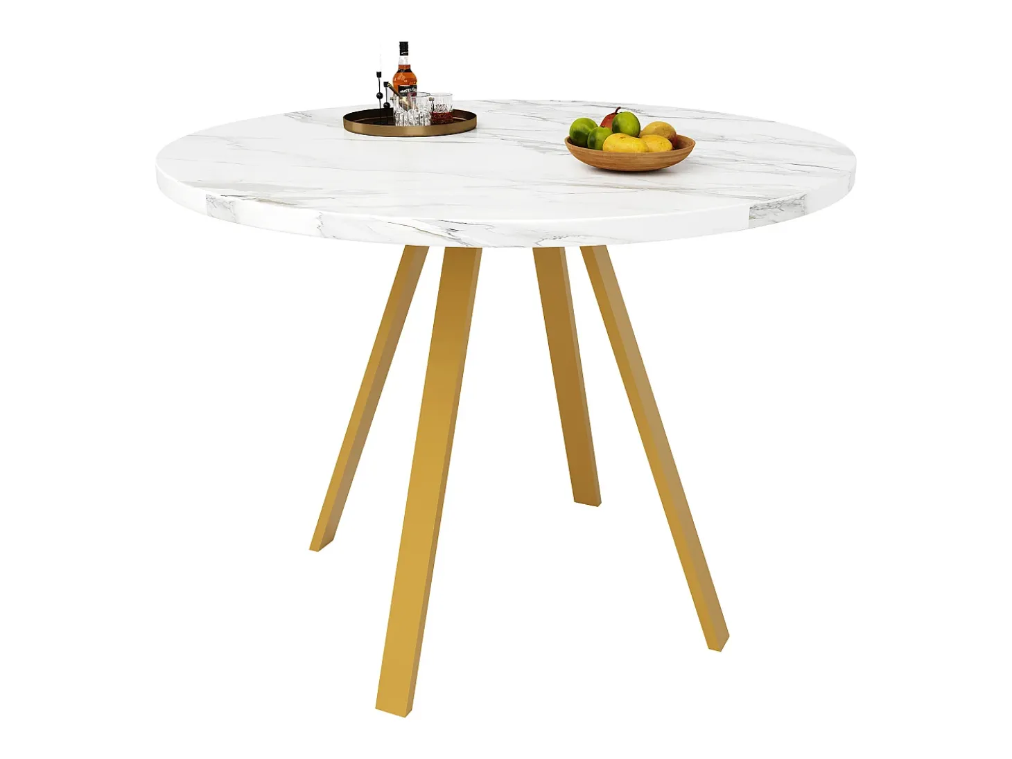 Mesa de comedor redonda, diseño elegante, MDF y metal, patas marmoladas blancas y doradas (80x80x75cm)