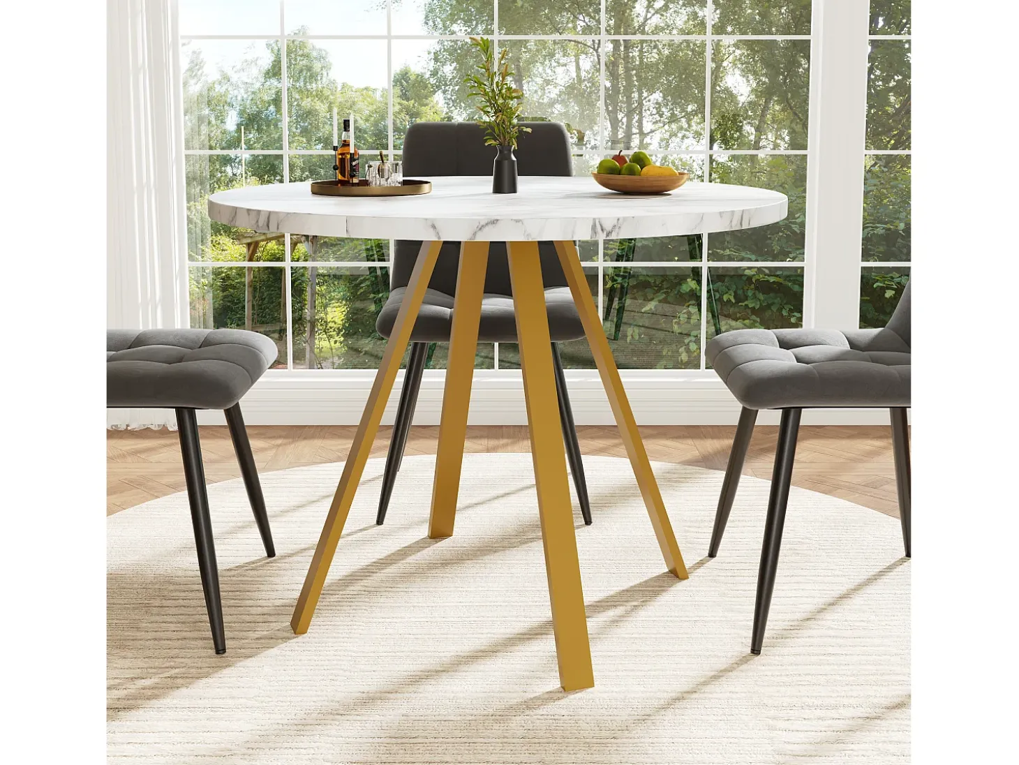 Mesa de comedor redonda, diseño elegante, MDF y metal, patas marmoladas blancas y doradas (80x80x75cm)