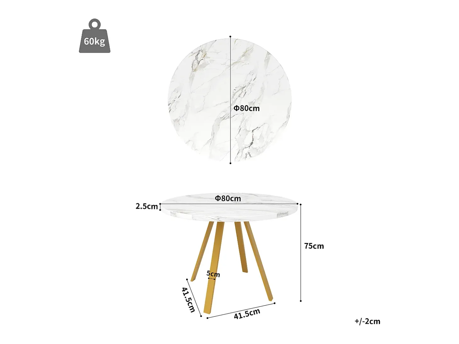 Mesa de comedor redonda, diseño elegante, MDF y metal, patas marmoladas blancas y doradas (80x80x75cm)