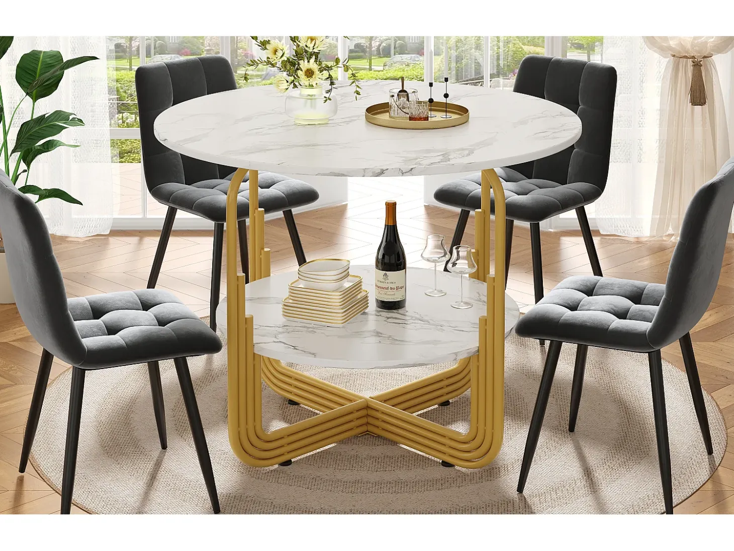 Mesa de comedor redonda de MDF con tablero efecto mármol y base de metal dorado para 4 personas (80 x 80 x 76 cm)