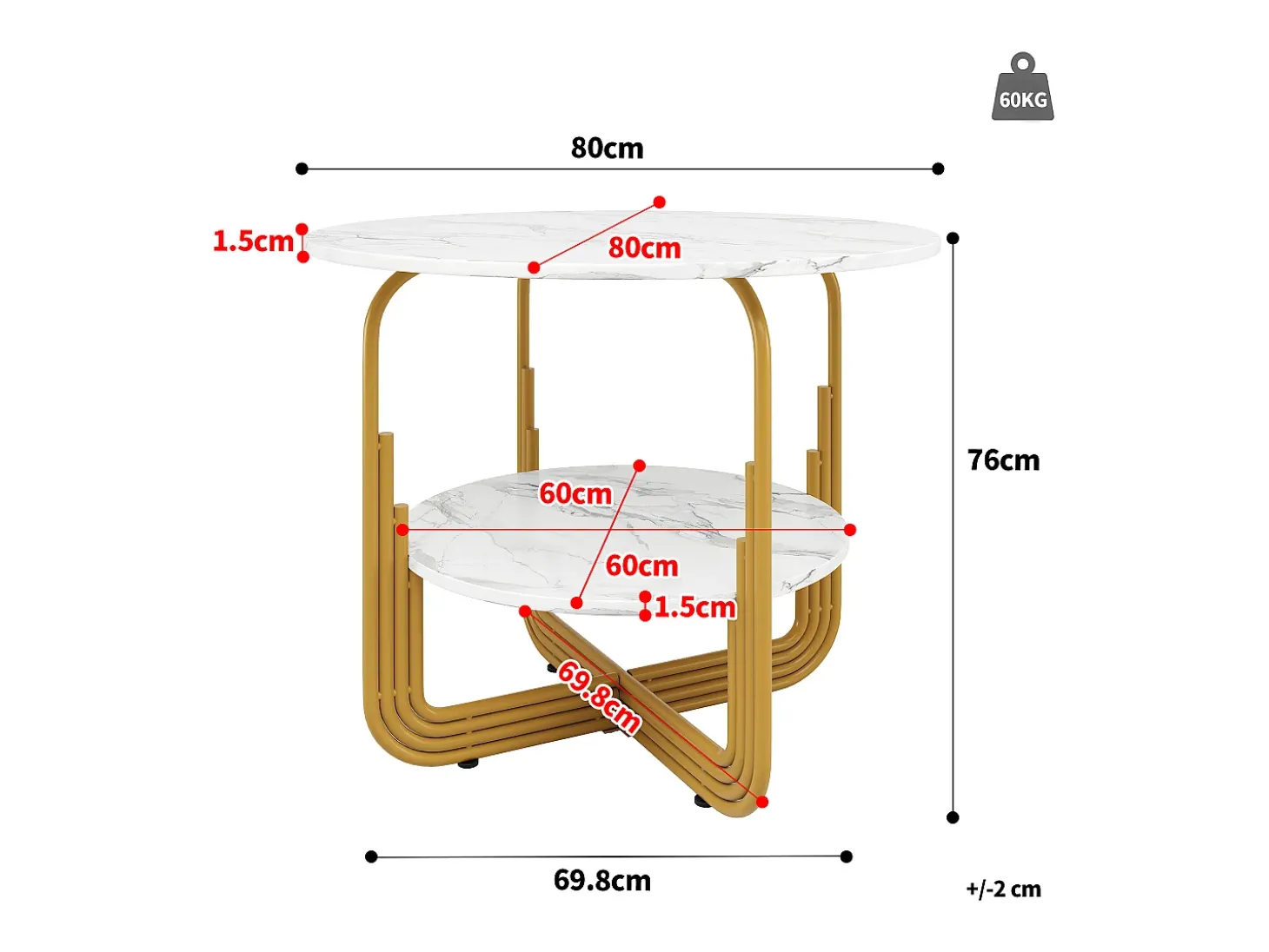 Mesa de comedor redonda de MDF con tablero efecto mármol y base de metal dorado para 4 personas (80 x 80 x 76 cm)