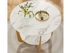 Mesa de comedor redonda de MDF con tablero efecto mármol y base de metal dorado para 4 personas (80 x 80 x 76 cm)