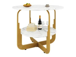 Mesa de comedor redonda de MDF con tablero efecto mármol y base de metal dorado para 4 personas (80 x 80 x 76 cm)