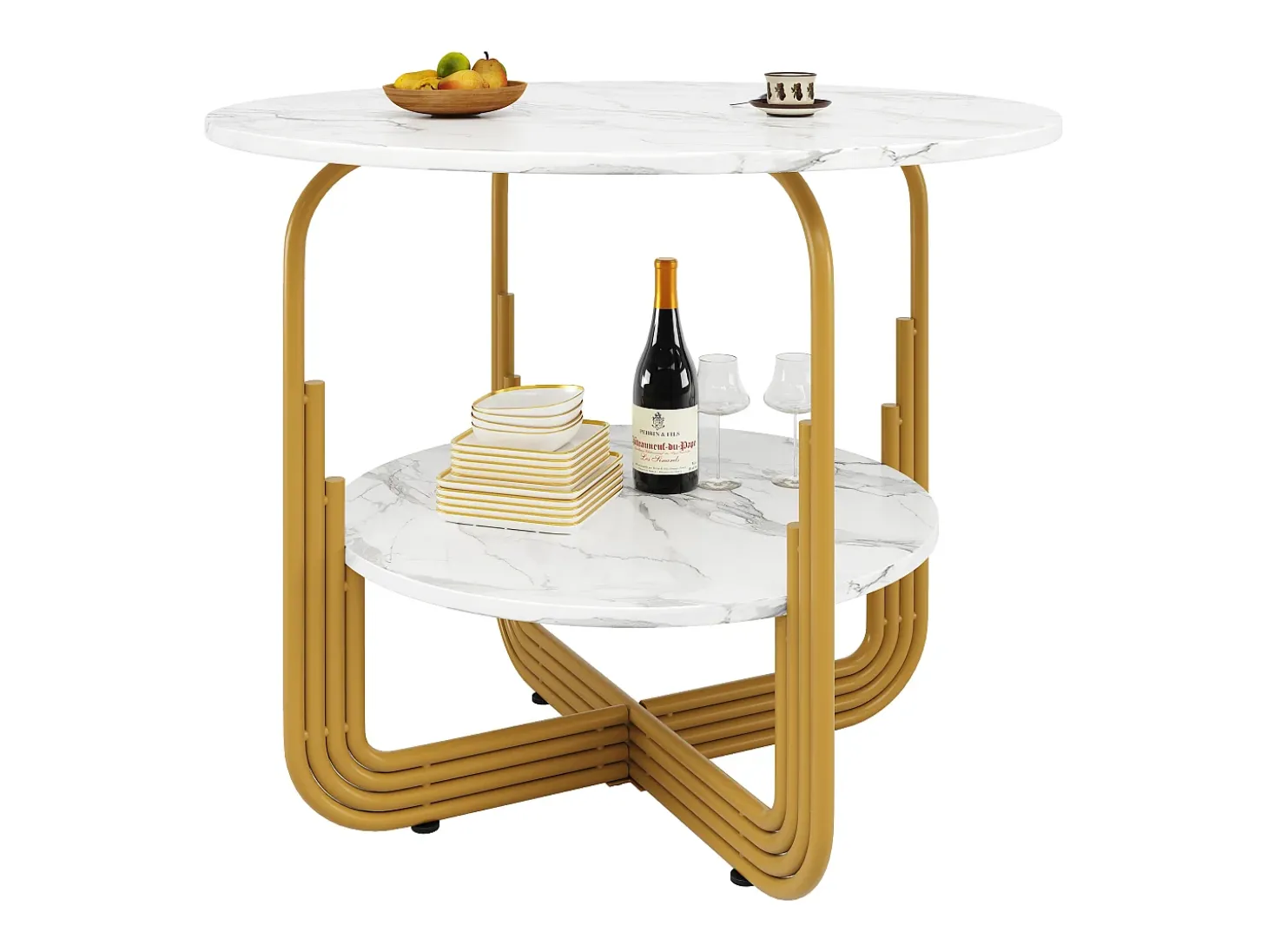Mesa de comedor redonda de MDF con tablero efecto mármol y base de metal dorado para 4 personas (80 x 80 x 76 cm)