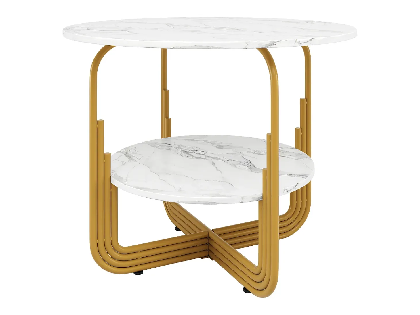 Mesa de comedor redonda de MDF con tablero efecto mármol y base de metal dorado para 4 personas (80 x 80 x 76 cm)