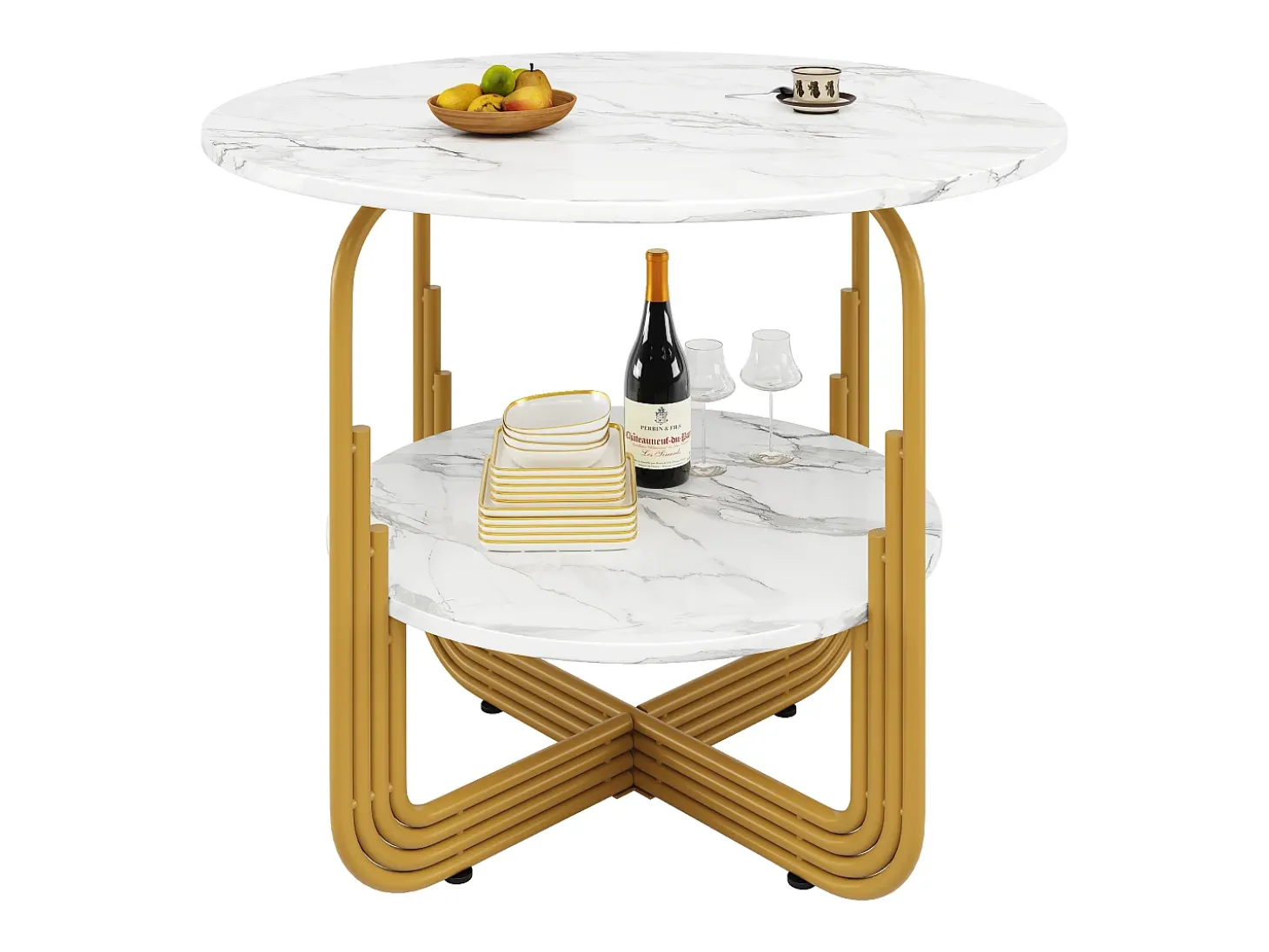 Mesa de comedor redonda de MDF con tablero efecto mármol y base de metal dorado para 4 personas (80 x 80 x 76 cm)