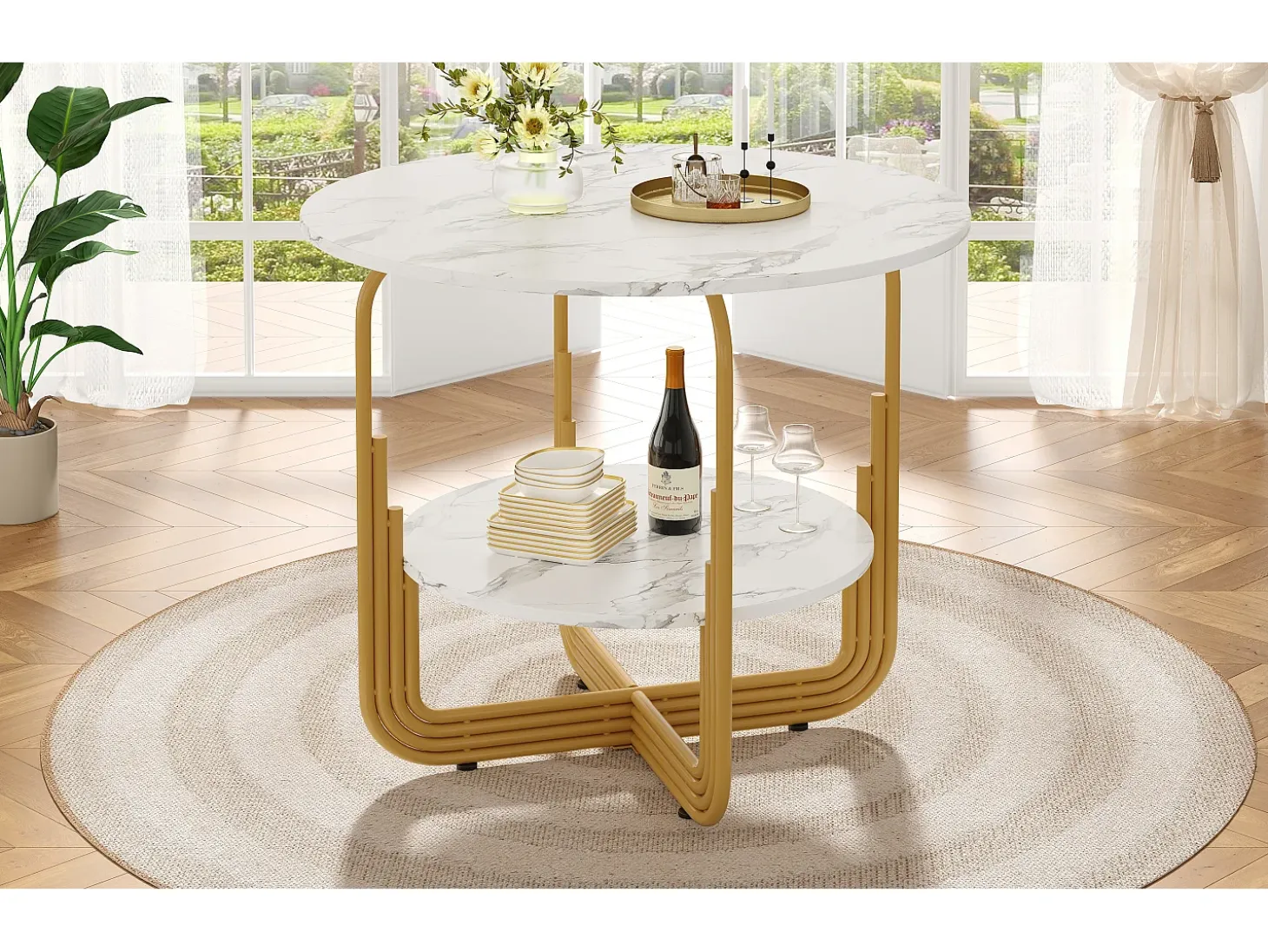 Mesa de comedor redonda de MDF con tablero efecto mármol y base de metal dorado para 4 personas (80 x 80 x 76 cm)