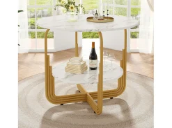 Mesa de comedor redonda de MDF con tablero efecto mármol y base de metal dorado para 4 personas (80 x 80 x 76 cm)