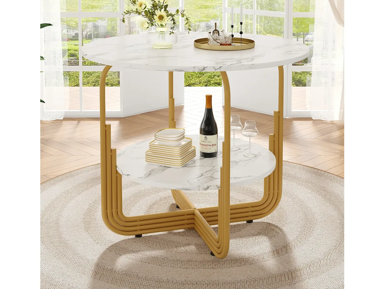 Mesa de comedor redonda de MDF con tablero efecto mármol y base de metal dorado para 4 personas (80 x 80 x 76 cm)