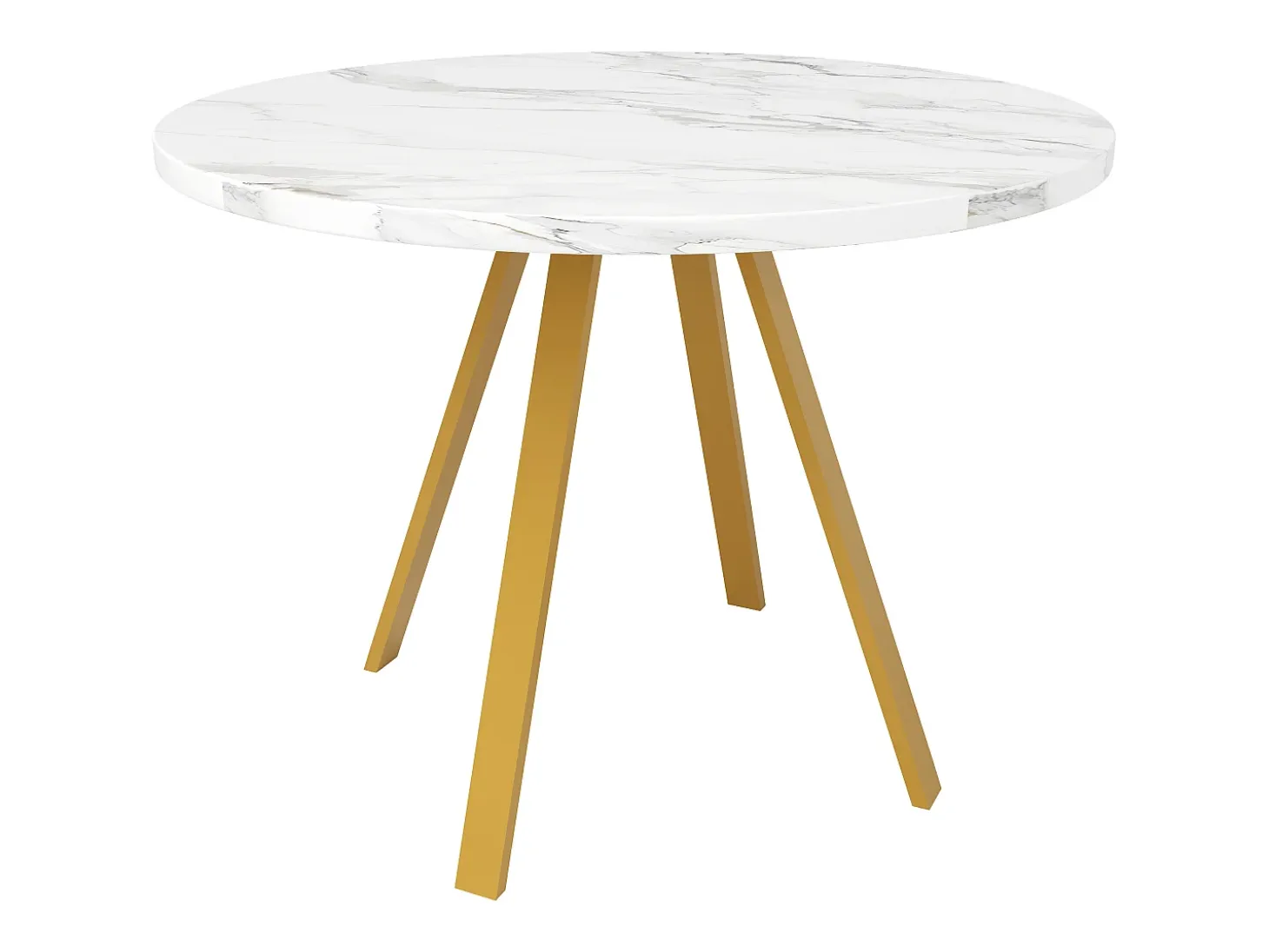 Mesa de comedor redonda de 80x80x75cm con tablero chapado efecto mármol blanco y patas de metal dorado.