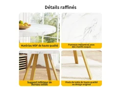 Mesa de comedor redonda de 80x80x75cm con tablero chapado efecto mármol blanco y patas de metal dorado.