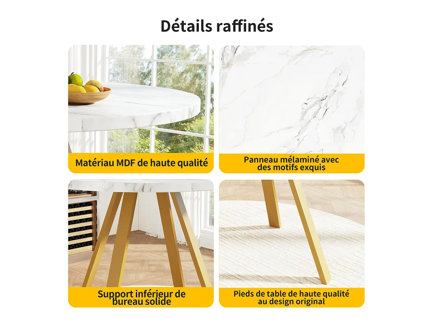 Mesa de comedor redonda de 80x80x75cm con tablero chapado efecto mármol blanco y patas de metal dorado.