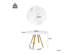 Mesa de comedor redonda de 80x80x75cm con tablero chapado efecto mármol blanco y patas de metal dorado.