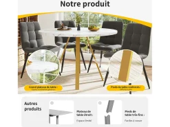 Mesa de comedor redonda de 80x80x75cm con tablero chapado efecto mármol blanco y patas de metal dorado.