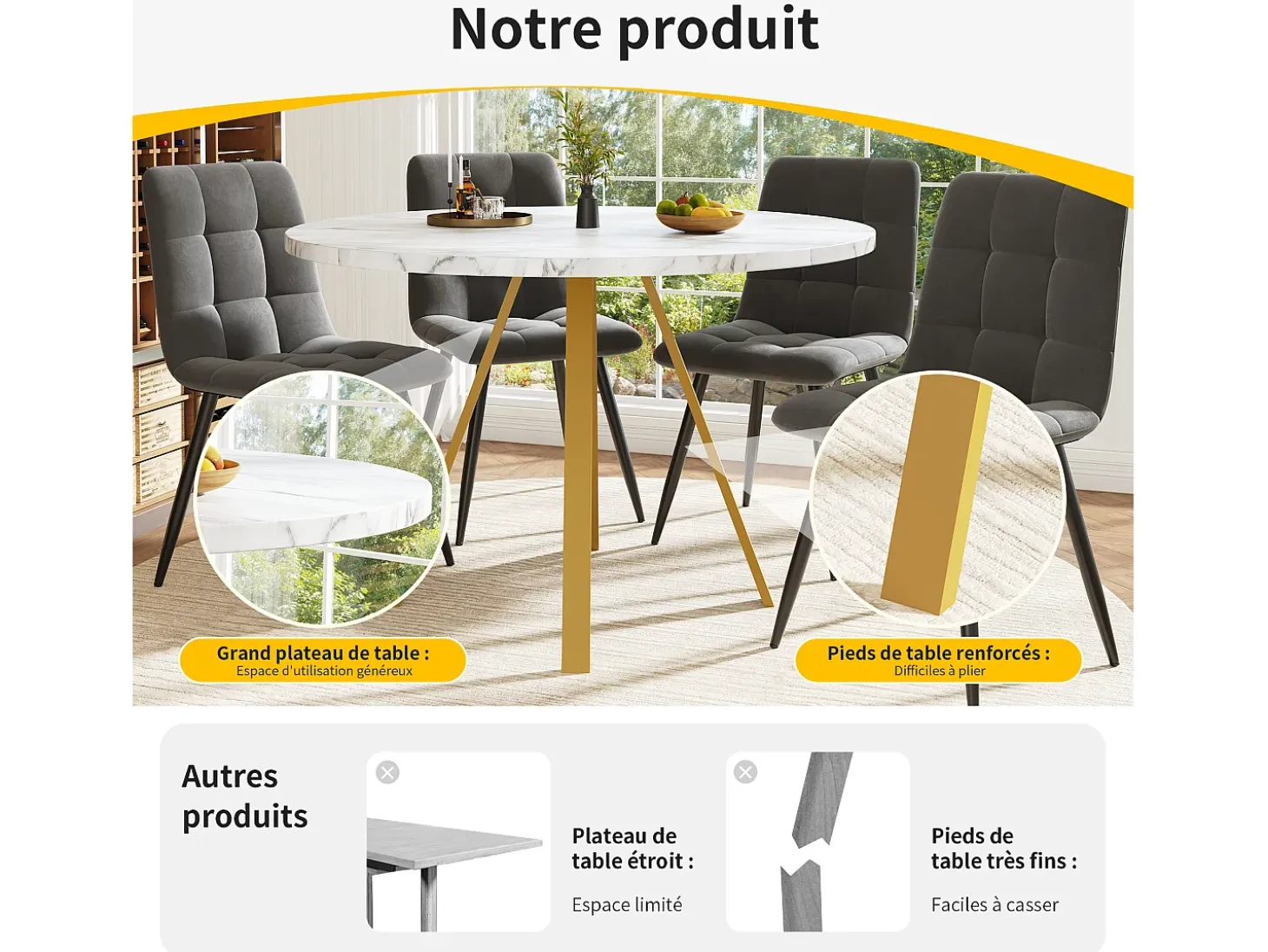 Mesa de comedor redonda de 80x80x75cm con tablero chapado efecto mármol blanco y patas de metal dorado.
