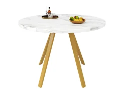 Mesa de comedor redonda de 80x80x75cm con tablero chapado efecto mármol blanco y patas de metal dorado.