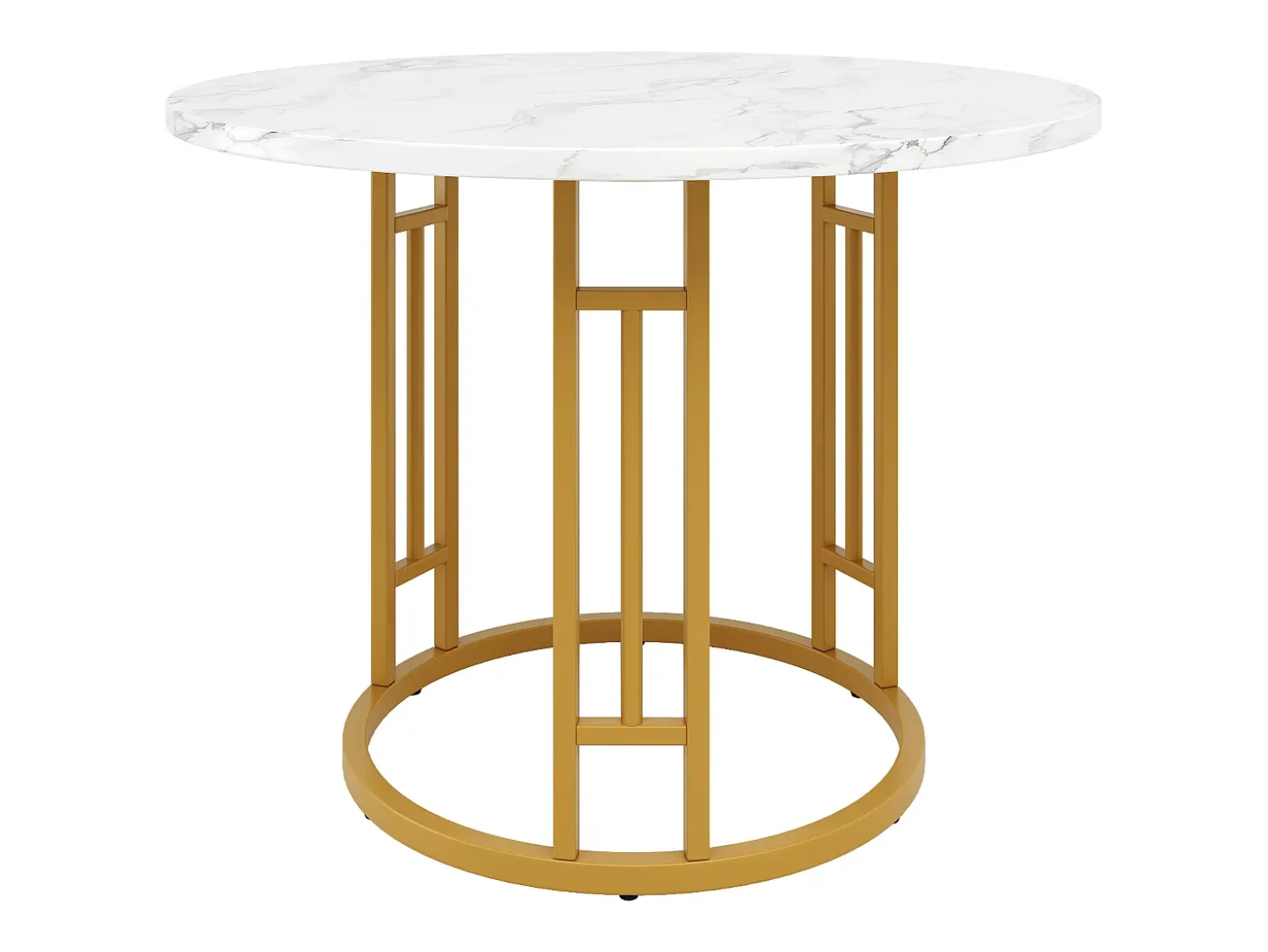 Mesa de comedor redonda de 80x80x76cm con tablero chapado efecto mármol blanco y estructura de metal dorado.