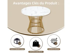 Mesa de comedor redonda, diseño de mármol, estructura de metal, adecuada para restaurante, comedor, color dorado.