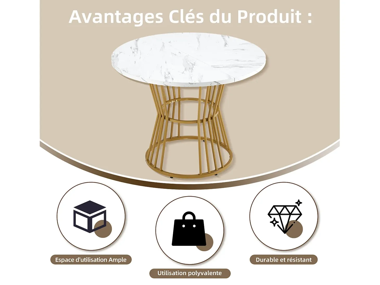 Mesa de comedor redonda, diseño de mármol, estructura de metal, adecuada para restaurante, comedor, color dorado.