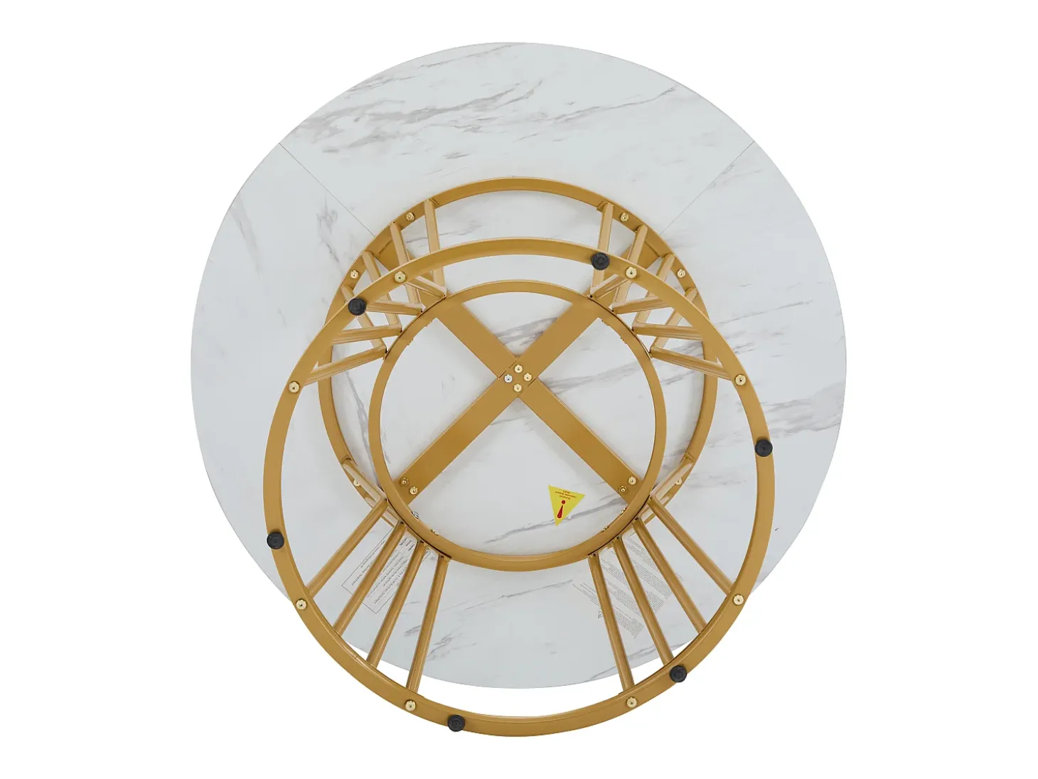 Mesa de comedor redonda, diseño de mármol, estructura de metal, adecuada para restaurante, comedor, color dorado.