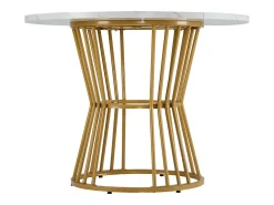 Mesa de comedor redonda, diseño de mármol, estructura de metal, adecuada para restaurante, comedor, color dorado.