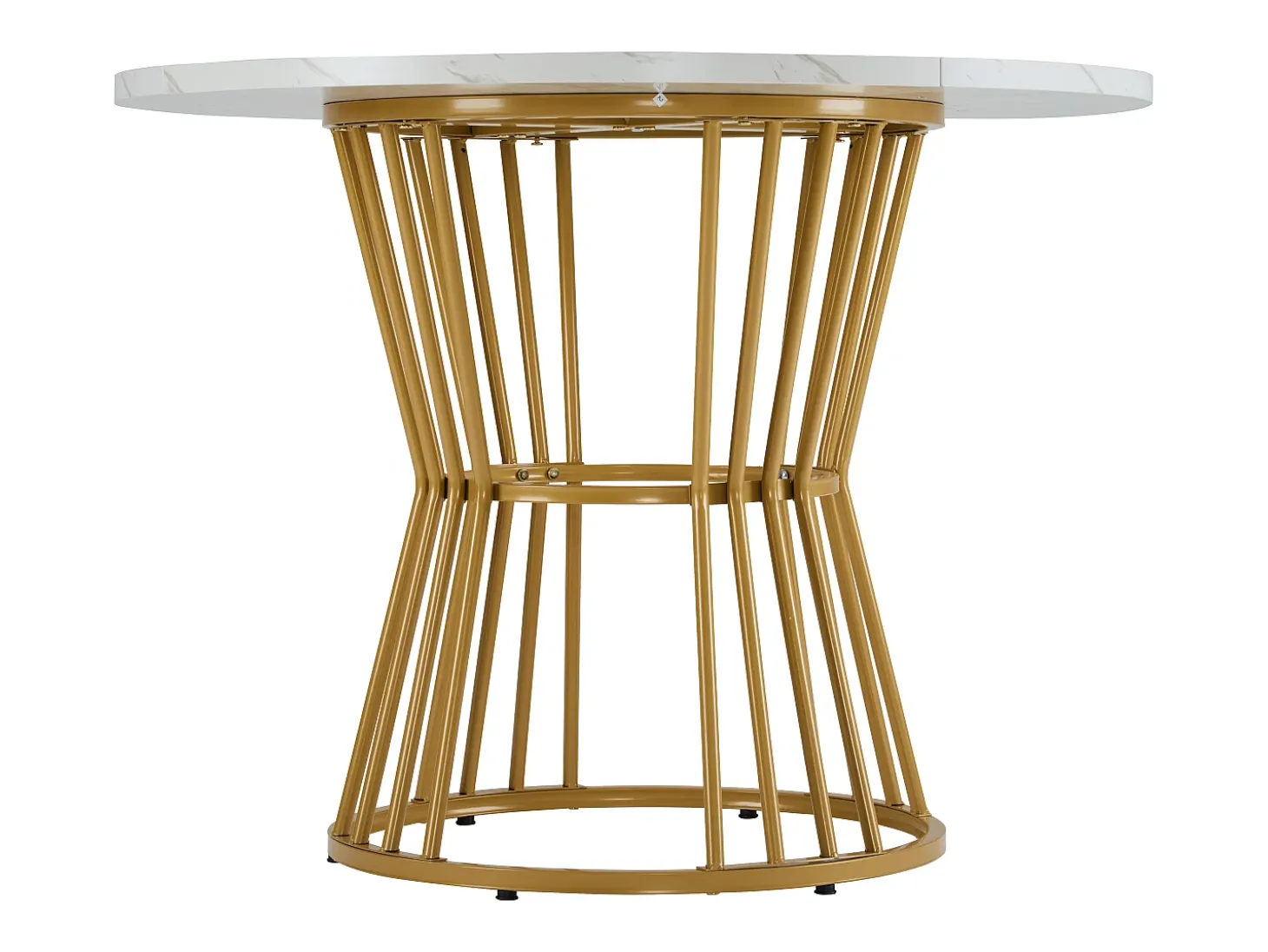Mesa de comedor redonda, diseño de mármol, estructura de metal, adecuada para restaurante, comedor, color dorado.