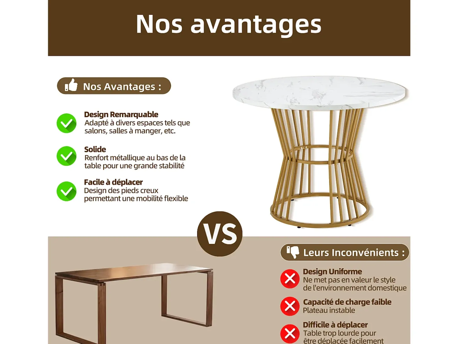 Mesa de comedor redonda, diseño de mármol, estructura de metal, adecuada para restaurante, comedor, color dorado.