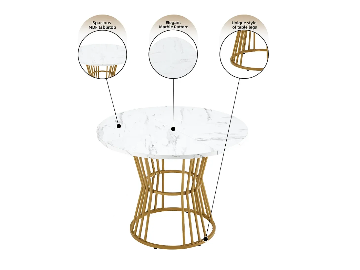 Mesa de comedor redonda, diseño de mármol, estructura de metal, adecuada para restaurante, comedor, color dorado.