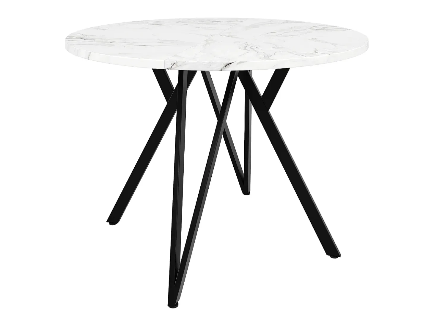 Mesa de comedor redonda de 100 cm con tablero de MDF efecto mármol y patas de metal negro - para cocina y salón