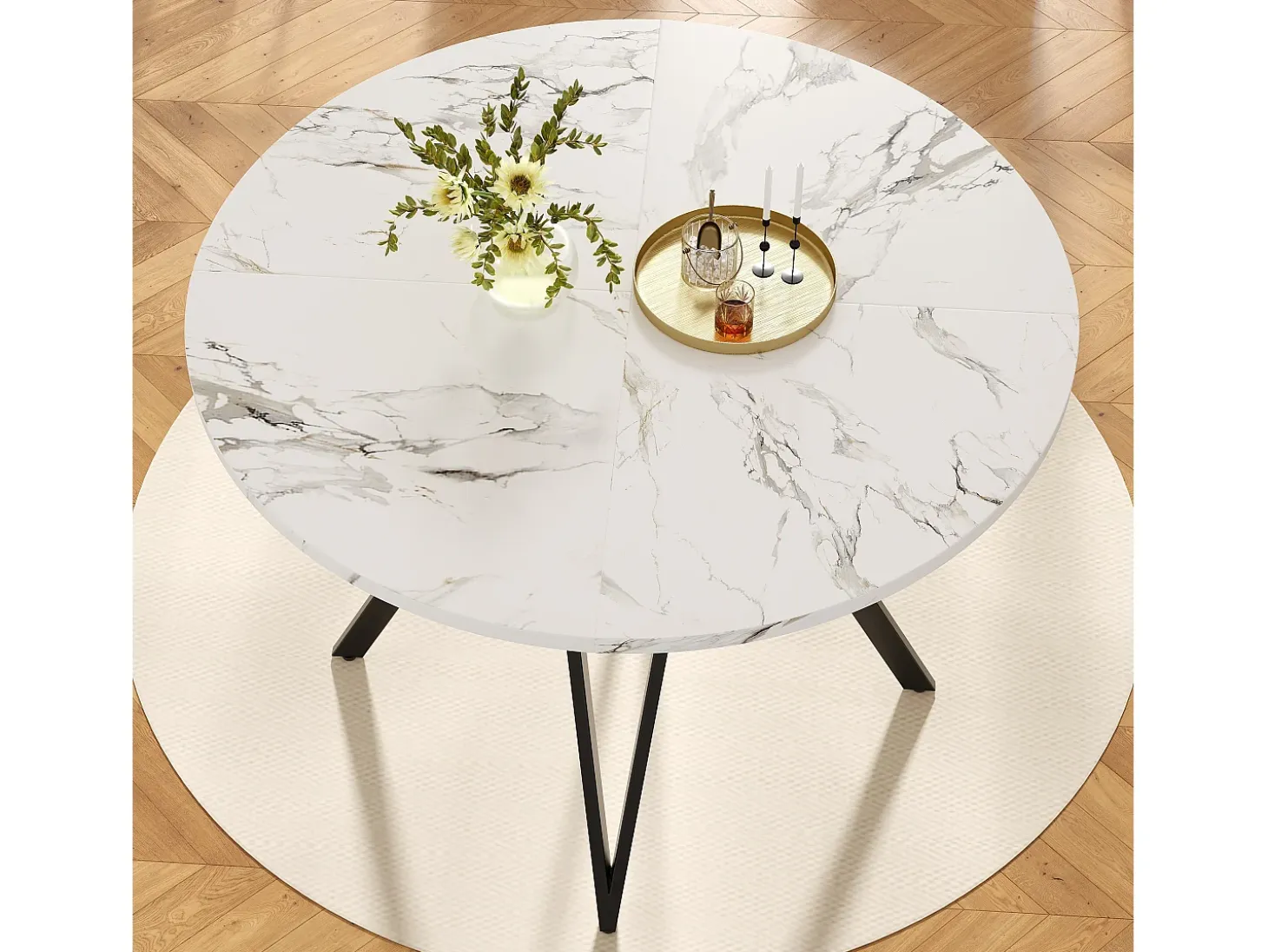 Mesa de comedor redonda de 100 cm con tablero de MDF efecto mármol y patas de metal negro - para cocina y salón