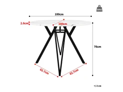 Mesa de comedor redonda de 100 cm con tablero de MDF efecto mármol y patas de metal negro - para cocina y salón
