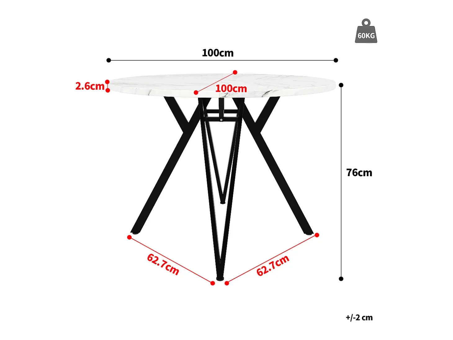 Mesa de comedor redonda de 100 cm con tablero de MDF efecto mármol y patas de metal negro - para cocina y salón
