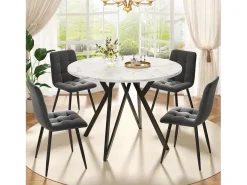 Mesa de comedor redonda de 100 cm con tablero de MDF efecto mármol y patas de metal negro - para cocina y salón