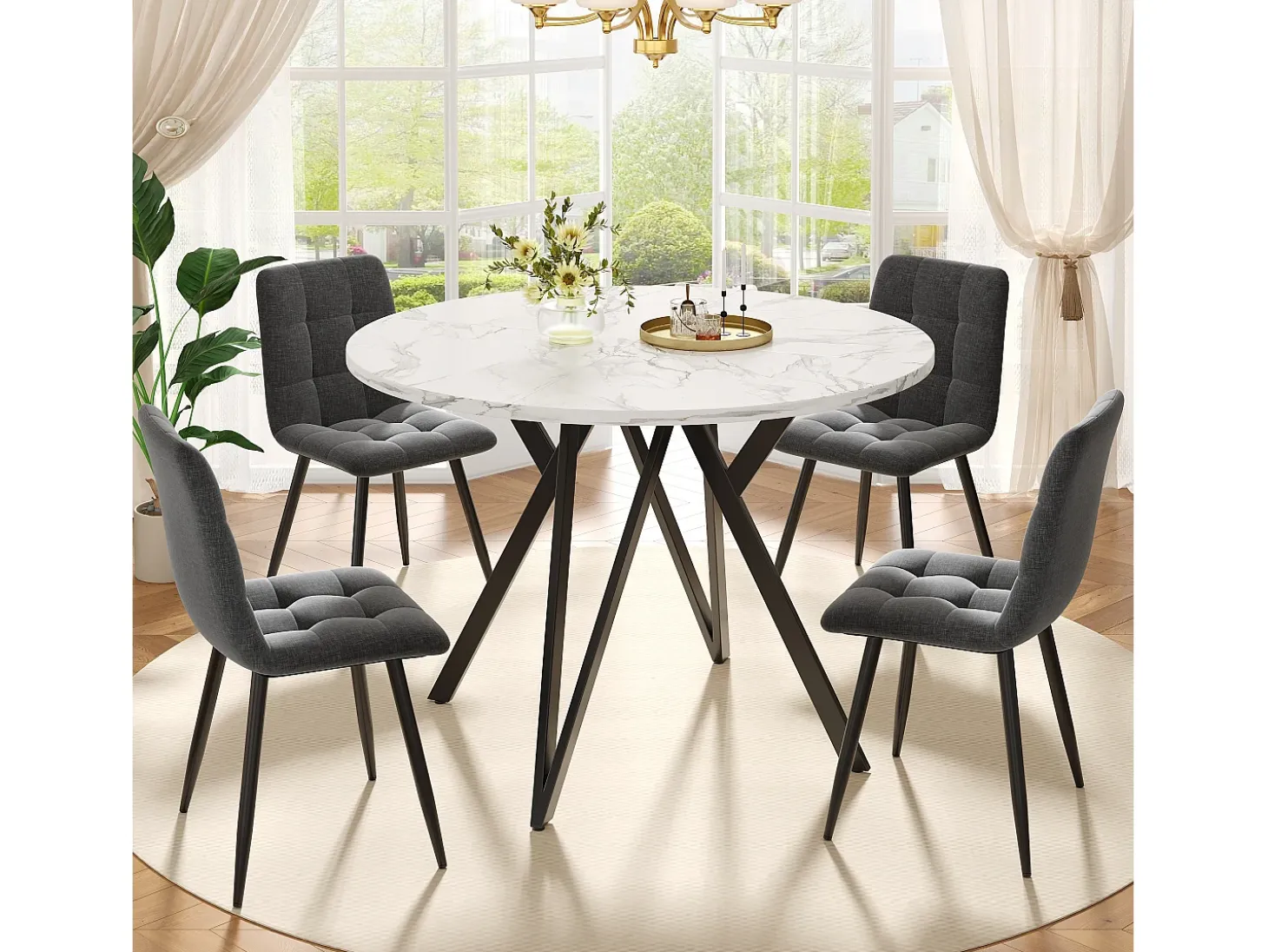 Mesa de comedor redonda de 100 cm con tablero de MDF efecto mármol y patas de metal negro - para cocina y salón