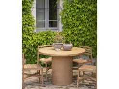Mesa de comedor redonda de madera maciza tono roble medio y patas de microcemento en tono terracota DECOWOOD de Ø100x75cm - LUCÍA - DECOWOOD