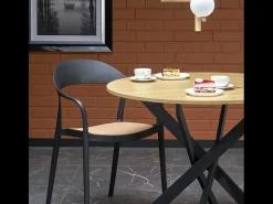 Mesa de comedor redonda de 100 cm con tablero de roble dorado y patas negras EDGAR