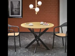 Mesa de comedor redonda de 100 cm con tablero de roble dorado y patas negras EDGAR