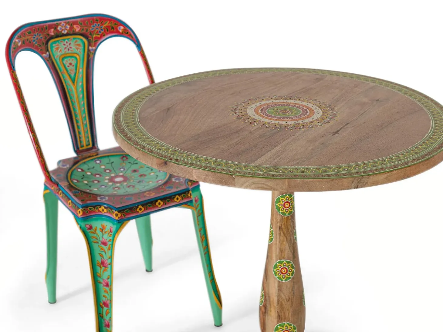 Mesa de comedor redonda de madera de mango pintada a mano