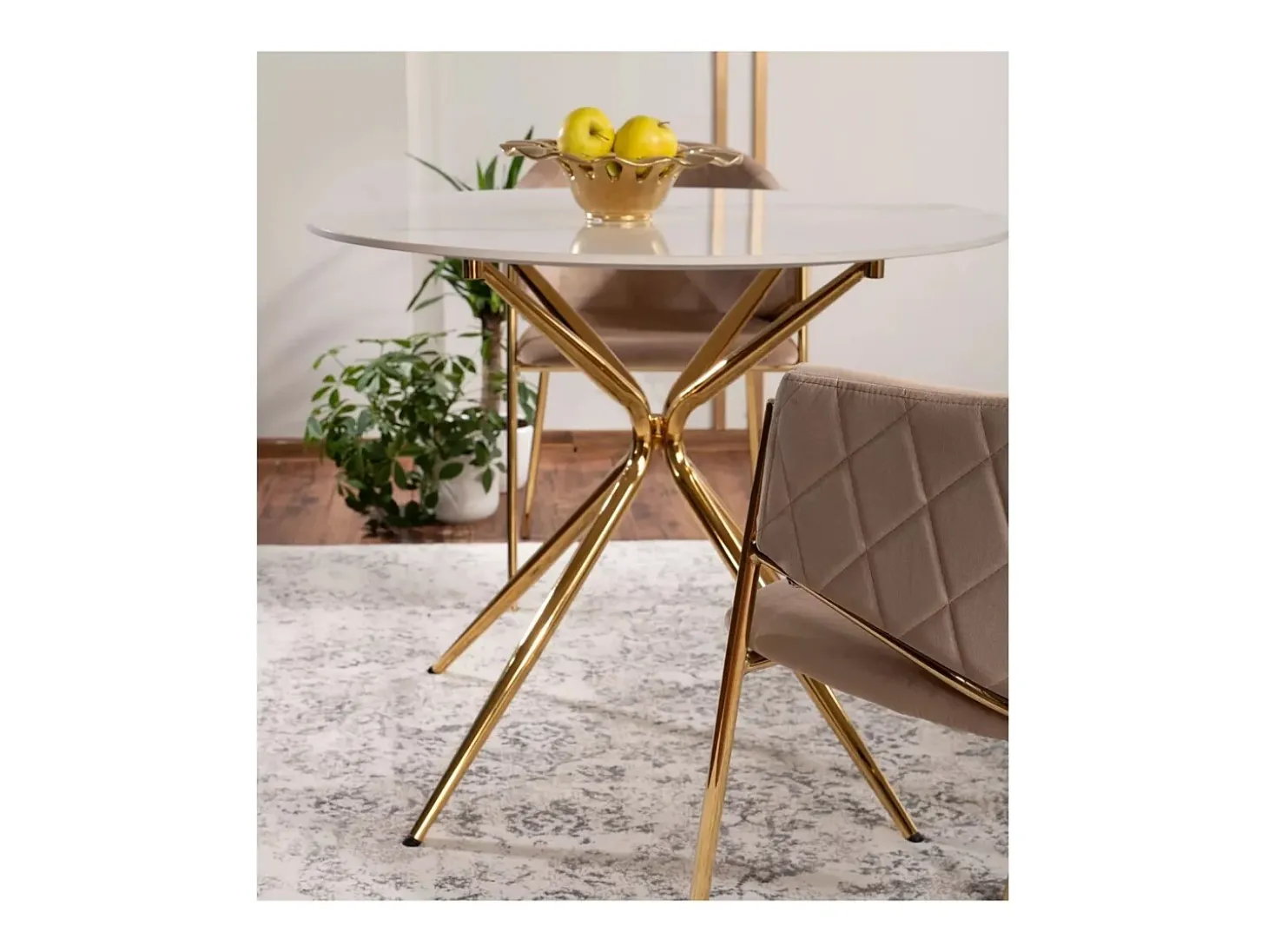 Mesa de comedor redonda de diseño Ursae de 90 cm con tablero imitación mármol blanco