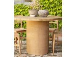 Mesa de comedor redonda de madera maciza tono roble medio y patas de microcemento en tono terracota DECOWOOD de Ø120x75cm - LUCÍA - DECOWOOD